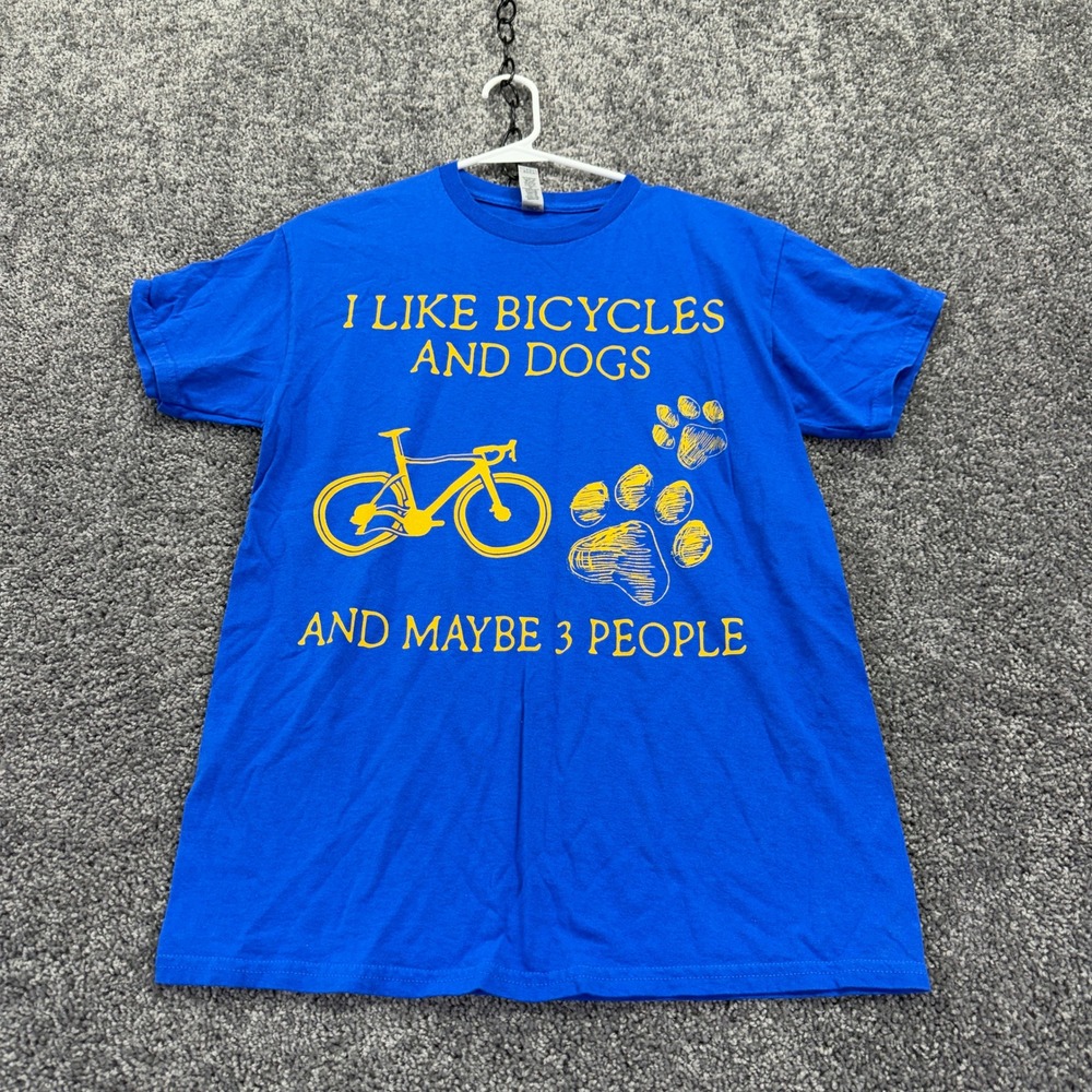 Gildan T Shirt Mens M Blue Graphic I Like Bicycles And Dogs And Maybe 3 People